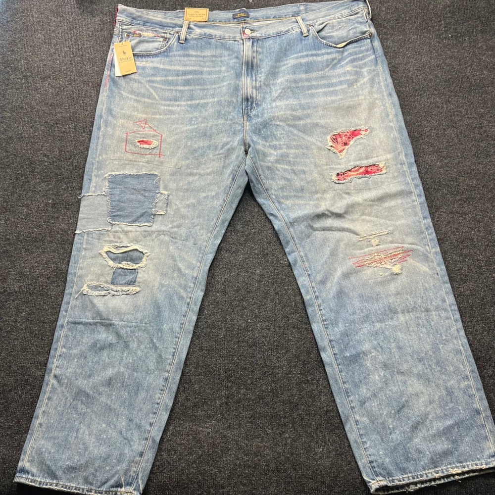 Polo Ralph Lauren Varick Slim Straight Distressed Patchwork Jeans 50x32 Blue